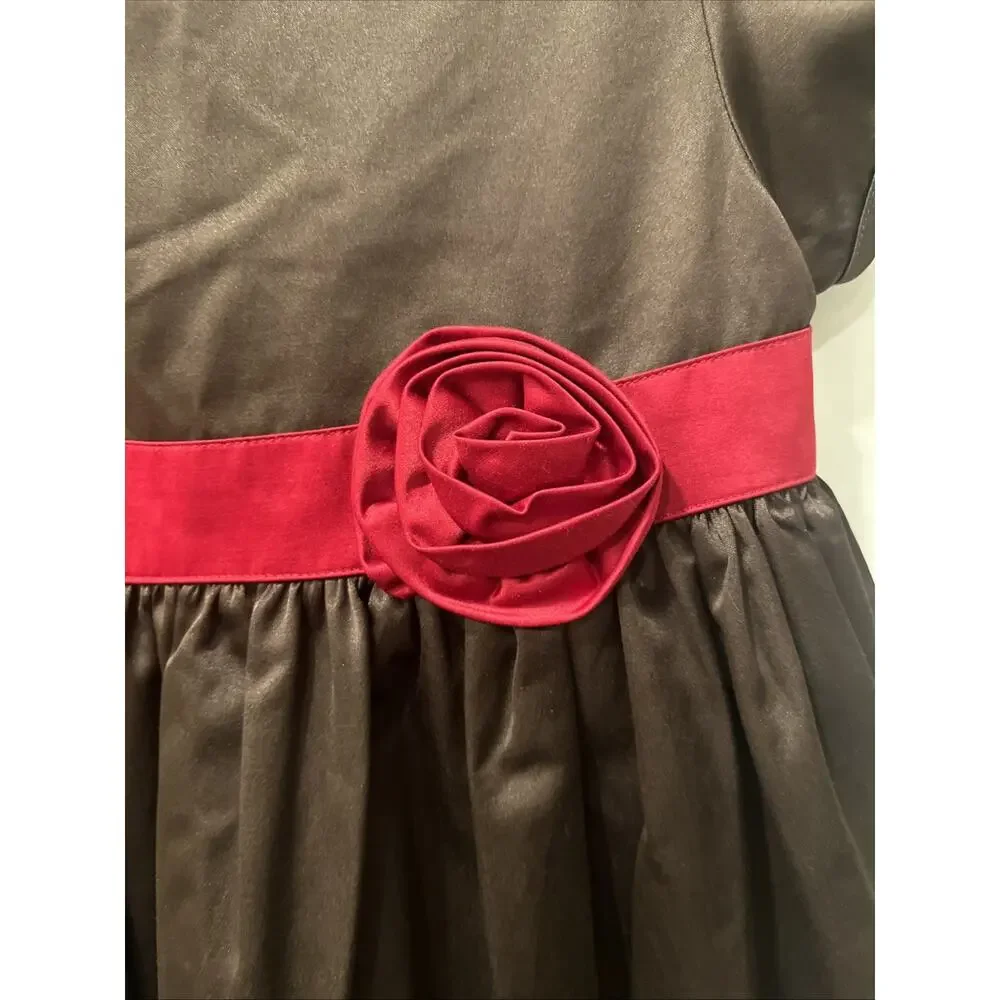 Gymboree Dress Girls Size 10 Brown‎ Satin Puff Sleeve Red Sash Flower Holiday